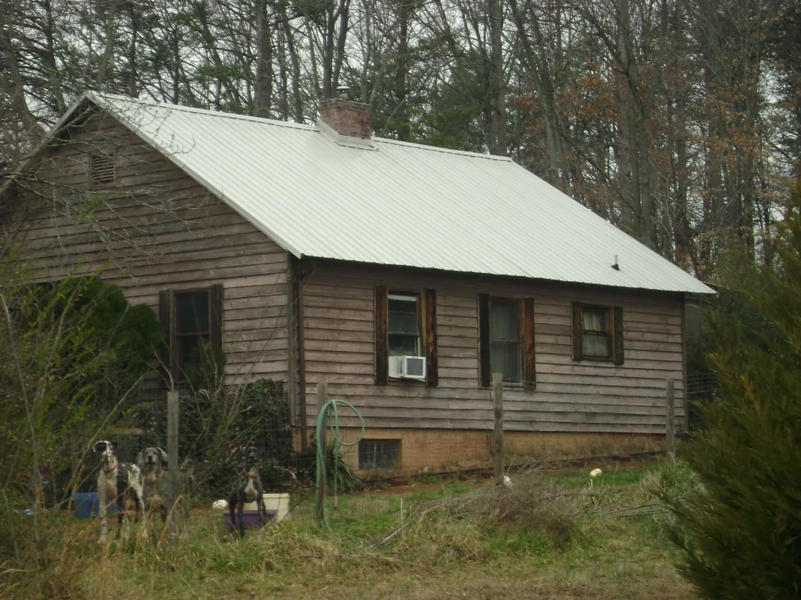 White metal roof on an old wood sided farmhouse, from a Asphalt Shingle Roof Repair job in Anderson